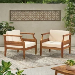 Aston 2pk Acacia Wood Mid-Century Modern Club Chairs - Teak/Cream - Christopher Knight Home -Knight Outdoor Cheap Store GUEST 014ff7b8 334a 47d3 95b2 76f0defd864d