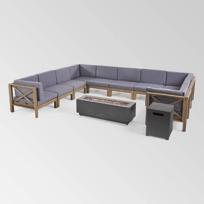 Comores 12pc Acacia U-Shaped Sectional Sofa Set With Fire Pit - Gray/Dark Gray - Christopher Knight Home 1 Comores 12pc Acacia U-Shaped Sectional Sofa Set With Fire Pit - Gray/Dark Gray - Christopher Knight Home