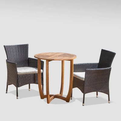Ellie 3pc Acacia Wood Wicker Bistro Set - Brown/Beige - Christopher Knight Home 1 Ellie 3pc Acacia Wood Wicker Bistro Set - Brown/Beige - Christopher Knight Home