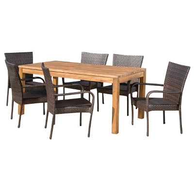 Lambert 7pc Acacia & Wicker Dining Set - Teak/Brown - Christopher Knight Home 1 Lambert 7pc Acacia & Wicker Dining Set - Teak/Brown - Christopher Knight Home