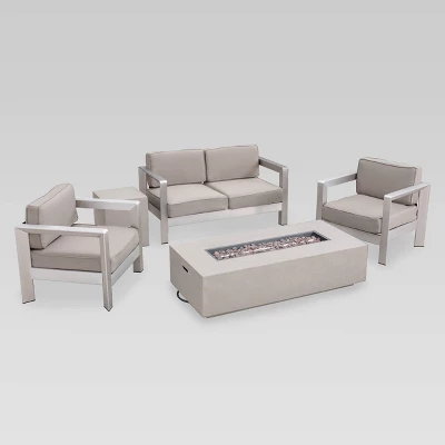 Aviara 5pc Aluminum Chat Set With Fire Pit - Silver/Khaki And Light Gray - Christopher Knight Home 1 Aviara 5pc Aluminum Chat Set With Fire Pit - Silver/Khaki And Light Gray - Christopher Knight Home