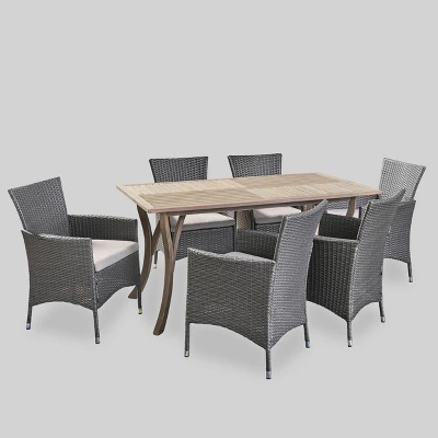 Bennett 7pc Acacia Wood And Wicker Dining Set - Christopher Knight Home 1 Bennett 7pc Acacia Wood And Wicker Dining Set - Christopher Knight Home