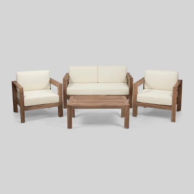 Genser 4pc Acacia Wood Chat Set - Brown/Beige - Christopher Knight Home 1 Genser 4pc Acacia Wood Chat Set - Brown/Beige - Christopher Knight Home