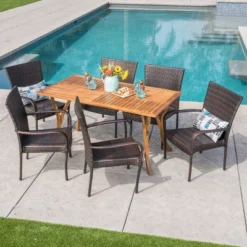 Monterey 7pc Acacia & Wicker Dining Set - Christopher Knight Home -Knight Outdoor Cheap Store GUEST 64545f30 27b9 46db 9784 0cc21a3a88eb