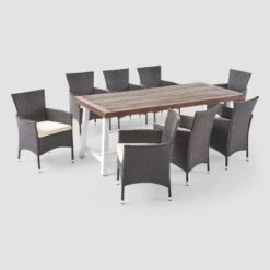 Flamingo 9pc Wood And Wicker Dining Set Dark Brown/Multibrown/Beige - Christopher Knight Home