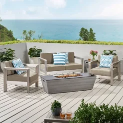 Amata 5pc Aluminum Chat Set With Fire Pit And Tank Holder - Silver/Khaki/Dark Gray - Christopher Knight Home