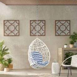Los Alamitos Indoor/Outdoor Wicker Hanging Chair With 8' Chain - White/Blue - Christopher Knight Home