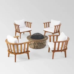Clarendon 5pc Acacia Wood Club Chairs And Fire Pit Set - Teak/White/Natural Stone - Christopher Knight Home