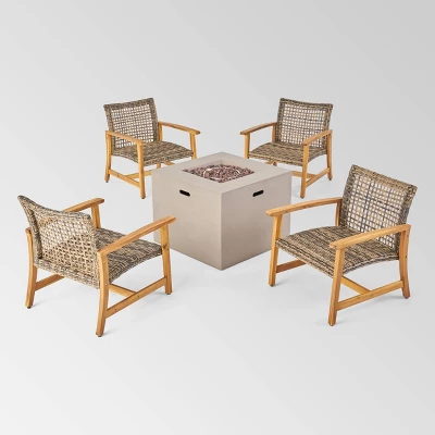 Augusta 5pc Wood & Wicker Club Chairs & Fire Pit Set - Natural/Gray/Light Gray - Christopher Knight Home 1 Augusta 5pc Wood & Wicker Club Chairs & Fire Pit Set - Natural/Gray/Light Gray - Christopher Knight Home