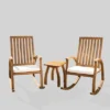 Cayo 3pc Acacia Wood Outdoor Patio Rocking Chair Chat Set - Natural/Cream - Christopher Knight Home
