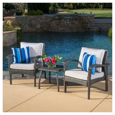 Honolulu 3pc Wicker Patio Chat Set With Cushions - Gray - Christopher Knight Home 2 Honolulu 3pc Wicker Patio Chat Set With Cushions - Gray - Christopher Knight Home - Image 2