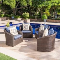 Darius 4pk Wicker Swivel Club Chairs - Brown/Navy Blue - Christopher Knight Home -Knight Outdoor Cheap Store GUEST 8d36e5d9 d2c6 49d6 bea2 08a11faf1395