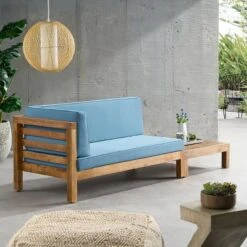 2pk Oana Outdoor Acacia Wood Left Arm Loveseat & Coffee Table With Cushion Teak/Blue - Christopher Knight Home -Knight Outdoor Cheap Store GUEST 8f4723b8 204c 47a9 a182 f4e7cf773714