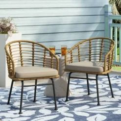 Randy 2pk Outdoor Wicker Chairs With Cushions - Light Brown/Beige - Christopher Knight Home