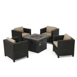 Puerta 5pc All-Weather Wicker Patio Club Chairs With Firepit Brown/Gray - Christopher Knight Home