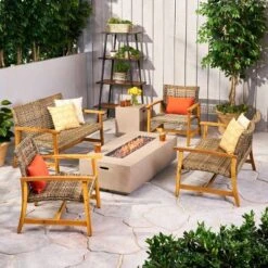 Augusta 6pc Wood & Wicker Chat Set With Fire Pit - Natural/Gray/Light Gray - Christopher Knight Home