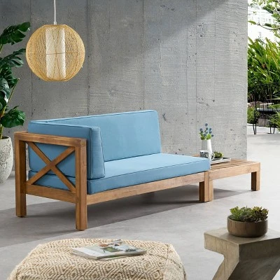 2pc Brava Outdoor Acacia Wood Left Arm Loveseat & Coffee Table With Cushion Teak/Blue - Christopher Knight Home 4 2pc Brava Outdoor Acacia Wood Left Arm Loveseat & Coffee Table With Cushion Teak/Blue - Christopher Knight Home - Image 4