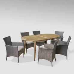 Stamford 7pc Acacia Wood And Wicker Dining Set - Gray/Silver - Christopher Knight Home