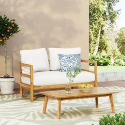 2pc Ellendale Outdoor Acacia Wood Loveseat & Coffee Table Teak/White - Christopher Knight Home -Knight Outdoor Cheap Store GUEST 9ddc2f44 7148 4835 9506 0e11e536546a