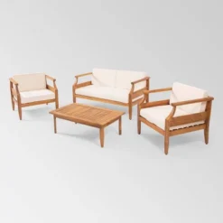 Aston 4pc Acacia Wood Mid-Century Modern Chat Set - Teak/Cream - Christopher Knight Home