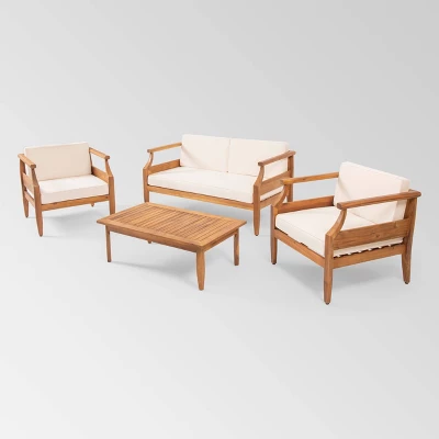 Aston 4pc Acacia Wood Mid-Century Modern Chat Set - Teak/Cream - Christopher Knight Home 1 Aston 4pc Acacia Wood Mid-Century Modern Chat Set - Teak/Cream - Christopher Knight Home