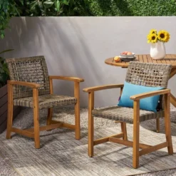 Hampton 2pk Acacia Wood & Wicker Dining Chairs - Natural/Gray - Christopher Knight Home -Knight Outdoor Cheap Store GUEST a2bd85c4 46c4 4ccd 9243 0a6b37cbb5f2