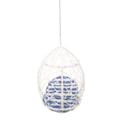 Los Alamitos Indoor/Outdoor Wicker Hanging Chair With 8' Chain - White/Blue - Christopher Knight Home -Knight Outdoor Cheap Store GUEST b2b09cb5 ff70 4e45 b35b 1ac0f98c9983