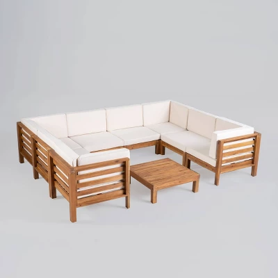Oana 9pc Acacia Wood U-Shaped Sectional Sofa Set Teak/Beige - Christopher Knight Home 1 Oana 9pc Acacia Wood U-Shaped Sectional Sofa Set Teak/Beige - Christopher Knight Home