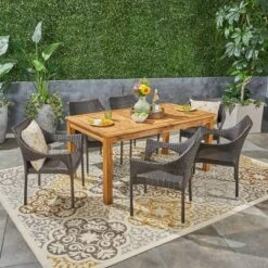 Damon 7pc Wood & Wicker Expandable Dining Set - Natural/Brown - Christopher Knight Home
