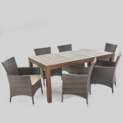 Lincoln 7pc Acacia Wood & Wicker Patio Dining Set - Dark Brown - Christopher Knight Home