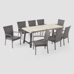 Jefferson 9pc Wood And Wicker Dining Set - Light Gray/Gray - Christopher Knight Home