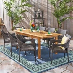 Damon 9pc Wood & Wicker Expandable Dining Set - Natural/Brown - Christopher Knight Home