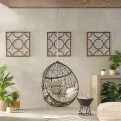 Castaic Indoor/Outdoor Wicker Hanging Chair With 8' Chain - Brown/Khaki - Christopher Knight Home