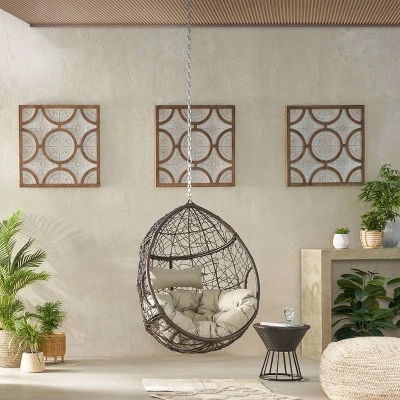 Castaic Indoor/Outdoor Wicker Hanging Chair With 8' Chain - Brown/Khaki - Christopher Knight Home 1 Castaic Indoor/Outdoor Wicker Hanging Chair With 8' Chain - Brown/Khaki - Christopher Knight Home