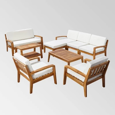 Grenada 9pc Acacia Wood Patio Sectional Sofa Set Teak/Beige - Christopher Knight Home 1 Grenada 9pc Acacia Wood Patio Sectional Sofa Set Teak/Beige - Christopher Knight Home