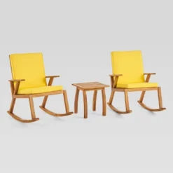 Champlain 3pc Acacia Wood Rocking Chairs Set Teak/Yellow - Christopher Knight Home