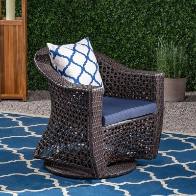 Big Sur Wicker Patio Swivel Chair - Multi-Brown/Navy Blue - Christopher Knight Home 1 Big Sur Wicker Patio Swivel Chair - Multi-Brown/Navy Blue - Christopher Knight Home
