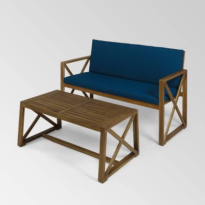 Andora 2pc Acacia Wood Loveseat Set - Brown/Dark Teal - Christopher Knight Home 1 Andora 2pc Acacia Wood Loveseat Set - Brown/Dark Teal - Christopher Knight Home