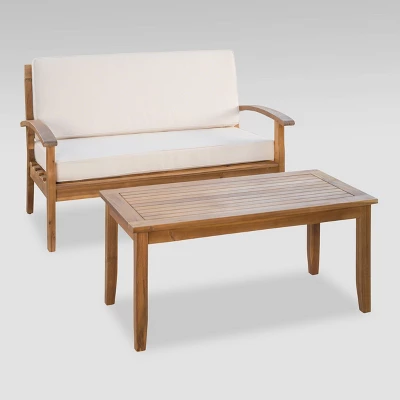 Peyton 2pc Acacia Wood Loveseat And Coffee Table Set - Teak/Beige - Christopher Knight Home 1 Peyton 2pc Acacia Wood Loveseat And Coffee Table Set - Teak/Beige - Christopher Knight Home