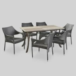 Nora 7pc Wicker And Acacia Wood Dining Set - Gray - Christopher Knight Home