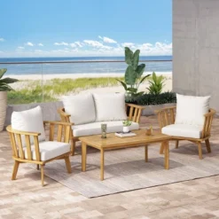 Solano 4pc Outdoor Wooden Chat Set With Rectangular Coffee Table - White/Teak - Christopher Knight Home