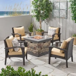 Kaula 5pc Faux Rattan Club Chair & Fire Pit Chat Set - Christopher Knight Home -Knight Outdoor Cheap Store GUEST e608cfb8 a645 4fa5 a919 4886c35038a3