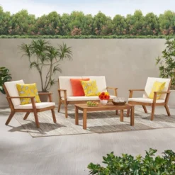 Temecula Outdoor Acacia Wood 4 Seater Chat Set With Cushions - Brown Patina/Cream - Christopher Knight Home