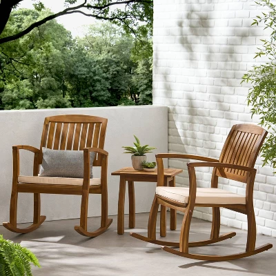 Selma 3pc Acacia Wood Rocking Chair W/ Cushion & Acacia Side Table - Teak - Christopher Knight Home 1 Selma 3pc Acacia Wood Rocking Chair W/ Cushion & Acacia Side Table - Teak - Christopher Knight Home