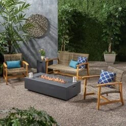 Augusta 5pc Wood & Wicker Chat Set With Fire Pit - Natural/Gray/Dark Gray - Christopher Knight Home