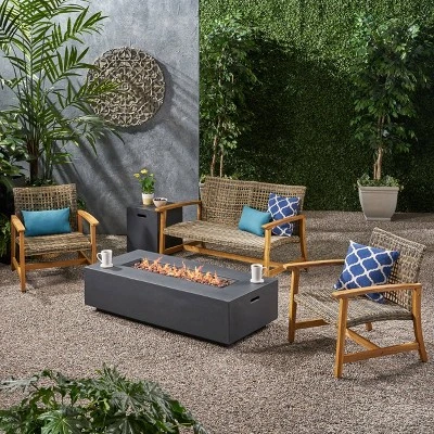 Augusta 5pc Wood & Wicker Chat Set With Fire Pit - Natural/Gray/Dark Gray - Christopher Knight Home 1 Augusta 5pc Wood & Wicker Chat Set With Fire Pit - Natural/Gray/Dark Gray - Christopher Knight Home