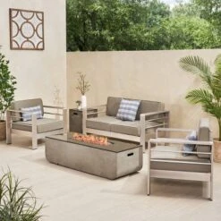 Cape Coral 5pc Outdoor 4 Seater Aluminum Chat Set With Fire Pit - Silver/Khaki - Christopher Knight Home