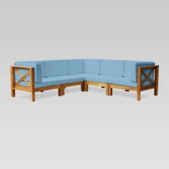 Brava 5pc Acacia Sectional Sofa Set - Teak/Blue - Christopher Knight Home