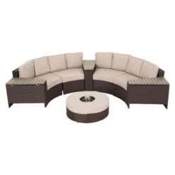 Madras Tortuga 8pc Wicker 1/2 Round Seating Set With Ice Bucket Ottoman - Brown/Beige - Christopher Knight Home