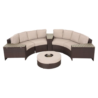 Madras Tortuga 8pc Wicker 1/2 Round Seating Set With Ice Bucket Ottoman - Brown/Beige - Christopher Knight Home 1 Madras Tortuga 8pc Wicker 1/2 Round Seating Set With Ice Bucket Ottoman - Brown/Beige - Christopher Knight Home